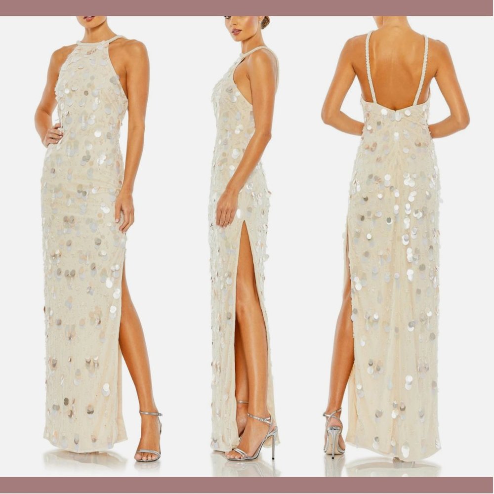 NWT $598 Mac Duggal [ 4 ] Crystal Embellished Cascade Column Gown Porcelain Crea